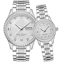 Couples Automatic Self-Wind Watches Calendar Date Luxury Stainless Steel Men and Women Pair Watches His and Hers Automatic Watch Gifts Set of 2