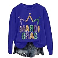 Mardi Gras Shirt For Women Long Sleeve Casual Letter Sweatshirt Sequin Going Out Tops Carnival Costume Party Tee Tunic