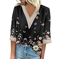 YALIHEN 2024 Women's Summer Casual 3/4 Sleeve Shirts Lace V Neck Dressy Blouses Trendy Vacation Boho Floral Shirts