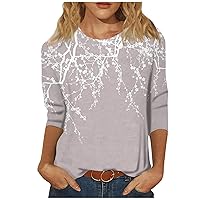 3/4 Sleeve Shirts for Women Round Neck Floral Print Blouse 2024 Summer Fashion Loose Fit Holiday Tops