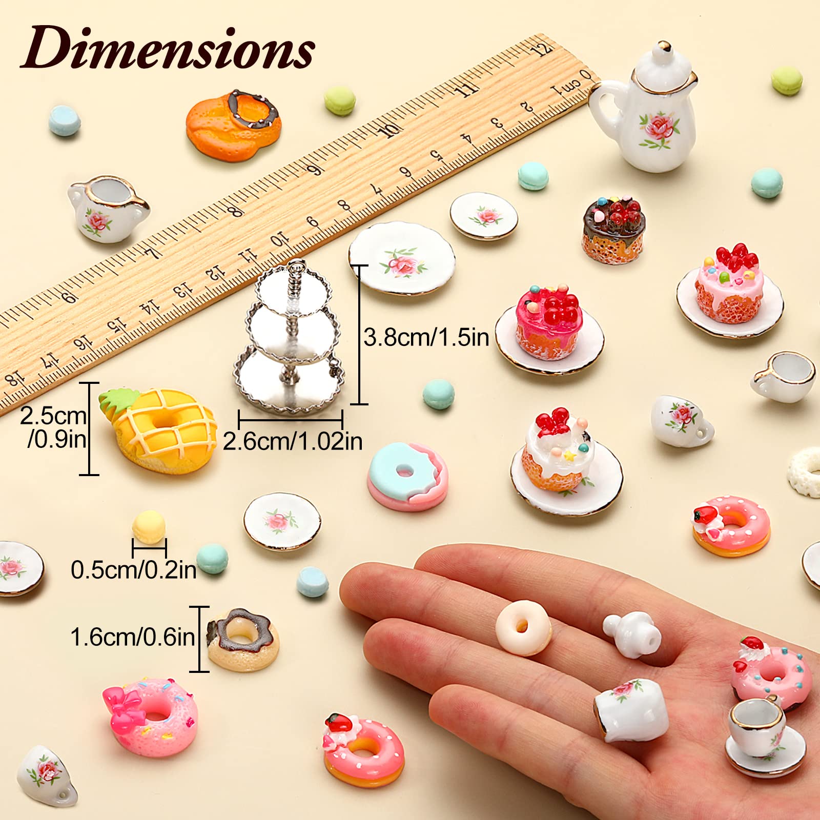 40 Pcs 1:12 Scale Dollhouse Miniature Kitchen Accessories Set Includes 15 Flower Pattern Porcelain Tea Cup 24 Mixed Pretend Cake Foods 1 Mini Three-Tier Cake Stand for Decor Supply (Sweet Style)