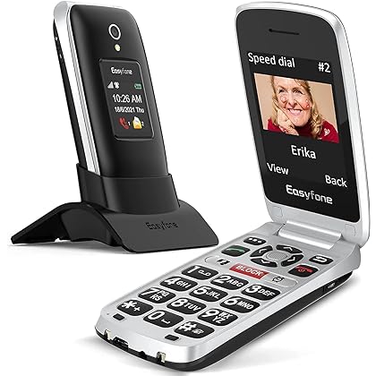 Easyfone Prime-A1 Pro 4G Big Button Flip Cell Phone for Seniors | Easy-to-Use | Clear Sound | SOS Button w/GPS | SIM Card & Flexible Plans | Convenient Charging Dock (Black)