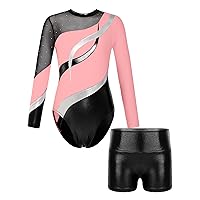 Kids Girls Long Sleeve Gymnastic Leotard with Shorts Outfits 2pcs Sequin Color Block Unitard Tracksuit Dancewear