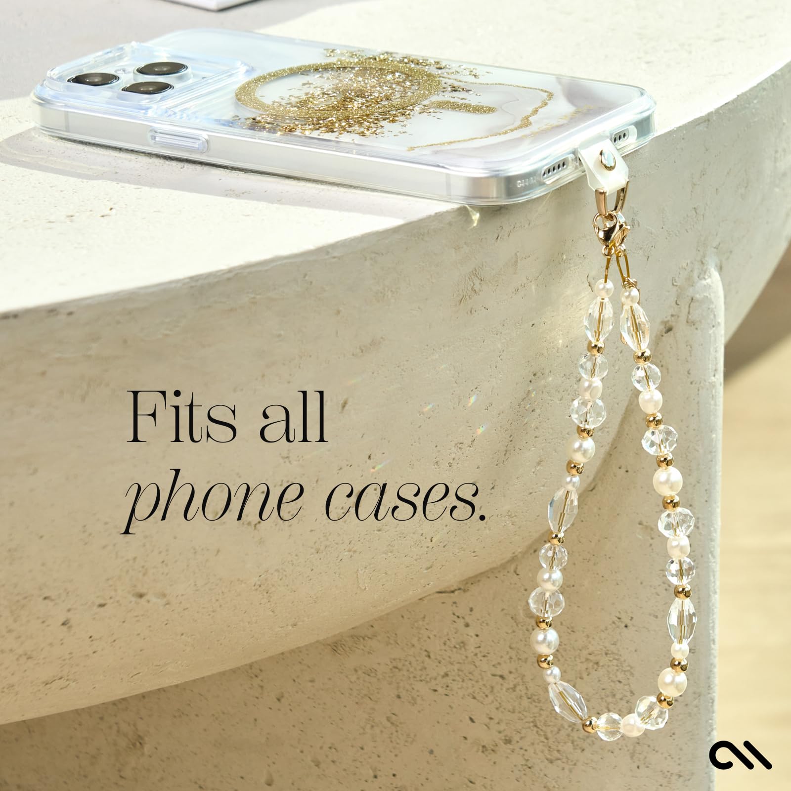 Case-Mate Phone Charm with Beaded Gold Crystals and Pearls - Detachable Phone Lanyard, Hands-Free Wrist Strap for Women - iPhone 15 Pro Max / 14 Pro Max / 13 Pro Max / 12 Pro Max - Crystal Pearl Gold