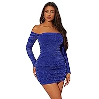 WDIRARA Women's Off The Shoulder Long Sleeve Ruched Glitter Cocktail Party Bodycon Mini Dress