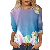 Womens Funny Bunny Print Tee Shirts 3/4 Sleeve Happy Easter Day Shirts Casual Spring 2024 Trendy Loose Comfy Tunic Tops