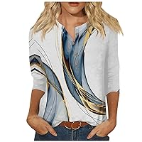 Women's Fashion Printed Seven-Point Sleeve Round Neck Button Top Summer Vacation Tops for Women