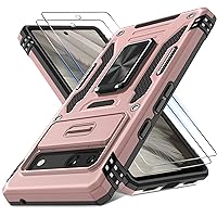 for Pixel 7a Case,Google Pixel 7a Case with Slide Camera Cover+Screen Protector(2 Packs),Rotated Ring Kickstand Military Grade Shockproof Protective Cover-Rose Gold