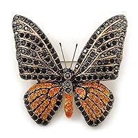 Black, Orange Austrian Crystal 'Tiger' Butterfly Brooch In Gold Plating - 50mm Length