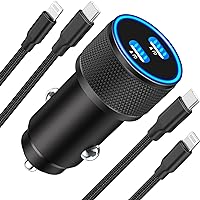 【MFi Certified】iPhone Fast Car Charger, Linocell 60W Dual PD Power Cigarette Lighter USB-C Car Charger Fast Charging+2Pack Type-C to Lightning Braided Cable for iPhone 14 13 12 11 Pro XS Max Mini iPad