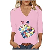 Womens Autism Awareness Shirts Funny Love Heart Autism Puzzle Graphic Tees 3/4 Sleeve Autism Mom Gift T-Shirt