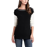Vince Camuto Womens Black Ribbed Sheer Button Detail Slitted Sides Color Block Long Sleeve Boat Neck Sweater XS
