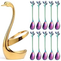 AnSaw Gold Small Swan Base Holder With Rainbow 10Pcs 4.7Inch leaf Handle Coffee Spoon Set
