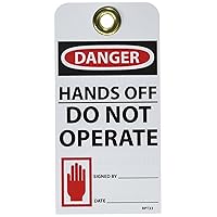NMC RPT33G Danger Hands Off DO NOT Operate Tag - [Pack of 25] 3 in. x 6 in. 2 Side Vinyl Accident Prevention Tag with White/Black Text on Red/White Base