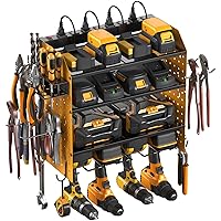CCCEI Modular Pegboard Rack Power Tool Organizer with Charging Station. 4 Layer Wall Mount Drill Holder, Yellow Tool Battery Charger Organizer. Garage Shop Storage Utility Shelf with Power Strip.