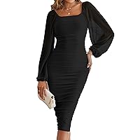Women's Long Puff Sleeve Ruched Bodycon Dress Square Neck Mesh Midi Dresses Backless Cocktail Party Wedding Dresses