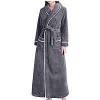 Womens Flannel Lapel Bathrobe Color Block Plush Fleece Long Robe 2023 Winter Loungewear Soft Warm Pockets Nightgown
