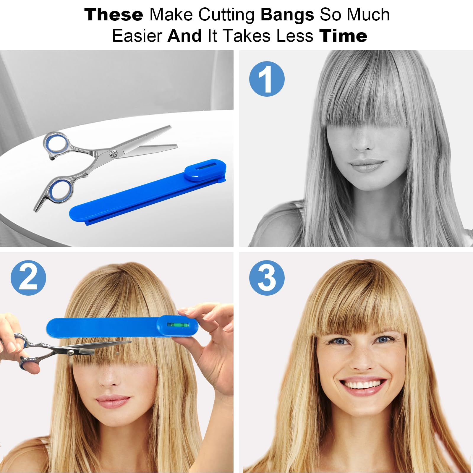 Hair Cutting Tools with Scissors, Hair Cutting Kit Women, DIY Home Hair Cutting Clips for Bangs, Layers, and Split Ends, Hair Cutting Guide (Set of 3) Color Blue