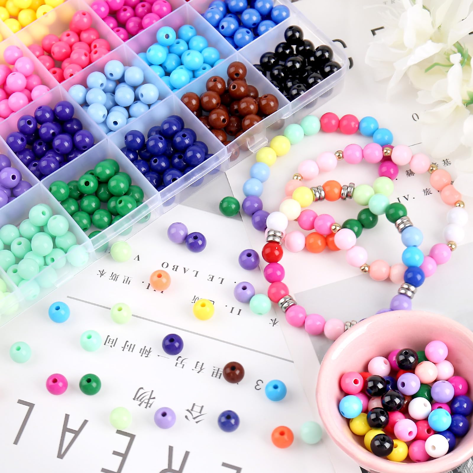 1440Pcs 6mm Candy Color Acrylic Round Beads, 24 Colors Assorted Plastic Bubble Gum Beads with Hole Loose Beads Bulk for Bracelets Necklace Jewelry Making DIY Crafts