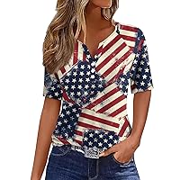 Fourth of July Shirts for Women Plus Size Short Sleeve Blouses Sexy V Neck T Shirts American Flag Graphic Tees
