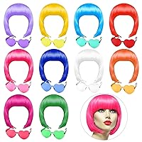 PLULON Party Wigs and Sunglass Set Neon Short Bob Wig Sunglass Pack Costume Colorful Cosplay Wig Hairpieces for Bachelorette