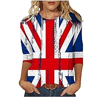 Women Distressed UK Flag Shirts 3/4 Sleeve Crewneck Vintage Tee Tops United Kingdom British Flag Pullover Blouses