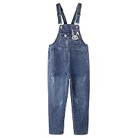 KIDSCOOL SPACE Big Girls Denim Overalls, Fake Pocktes Simple Design Summer Loose Fit Jeans Workwear