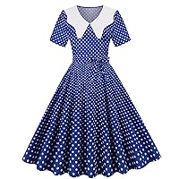Women's Casual Shirt Dress Polka Dot Print Rockabilly Dress Short Sleeve Flowy Tea Dress Bowknot Waist Audrey Dress