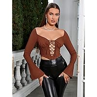 Women's Tops Sexy Tops for Women Shirts Lace Up Front Flounce Sleeve Crop Top Shirts for Women (Color : Rust Brown, Size : Medium)