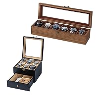 Watch Box Case Organizer Display Storage with Jewelry Drawer for Men Women Gift, Black Burlywood C46XVF6X 9S61W35D