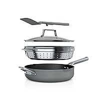 Ninja NeverStick PossiblePan, Premium Set with 4-Quart Capacity Pan, Steamer/Strainer Basket, Glass Lid & Integrated Spatula, Nonstick, Durable & Oven Safe to 500°F, Sea Salt Grey, CW102GY