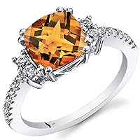 PEORA Citrine Ring for Women 14K White Gold with White Topaz, Natural Gemstone Birthstone, Designer 2 Carats Cushion Cut 8mm, Comfort Fit, Sizes 5 to 9