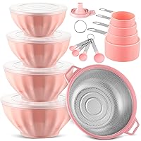 4 Pcs Mixing Bowls with Lids Plastic Nesting Bowls Set with Stainless Steel Colander 8 Pcs Measuring Cups and Spoons Set and Foldable Kitchen Funnel for Kitchen Cooking Baking Accessories