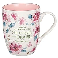 Christian Art Gifts Inspirational Ceramic Coffee & Tea Mug for Women: Strength & Dignity Encouraging Bible Verse Proverb, Microwave & Dishwasher Safe Drinkware, White, Pink & Fuchsia Floral, 12 oz.