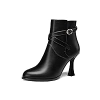 Womens Party Round Toe Cute Buckle Matte Solid Ankle Strap Spool High Heel Ankle High Boots 3.3 Inch