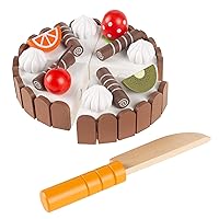Hey! Play! Birthday Cake-Kids Wooden Magnetic Dessert with Cutting Knife, Fruit Toppings, Chocolate and Vanilla Swirls-Fun Pretend Play Party Food