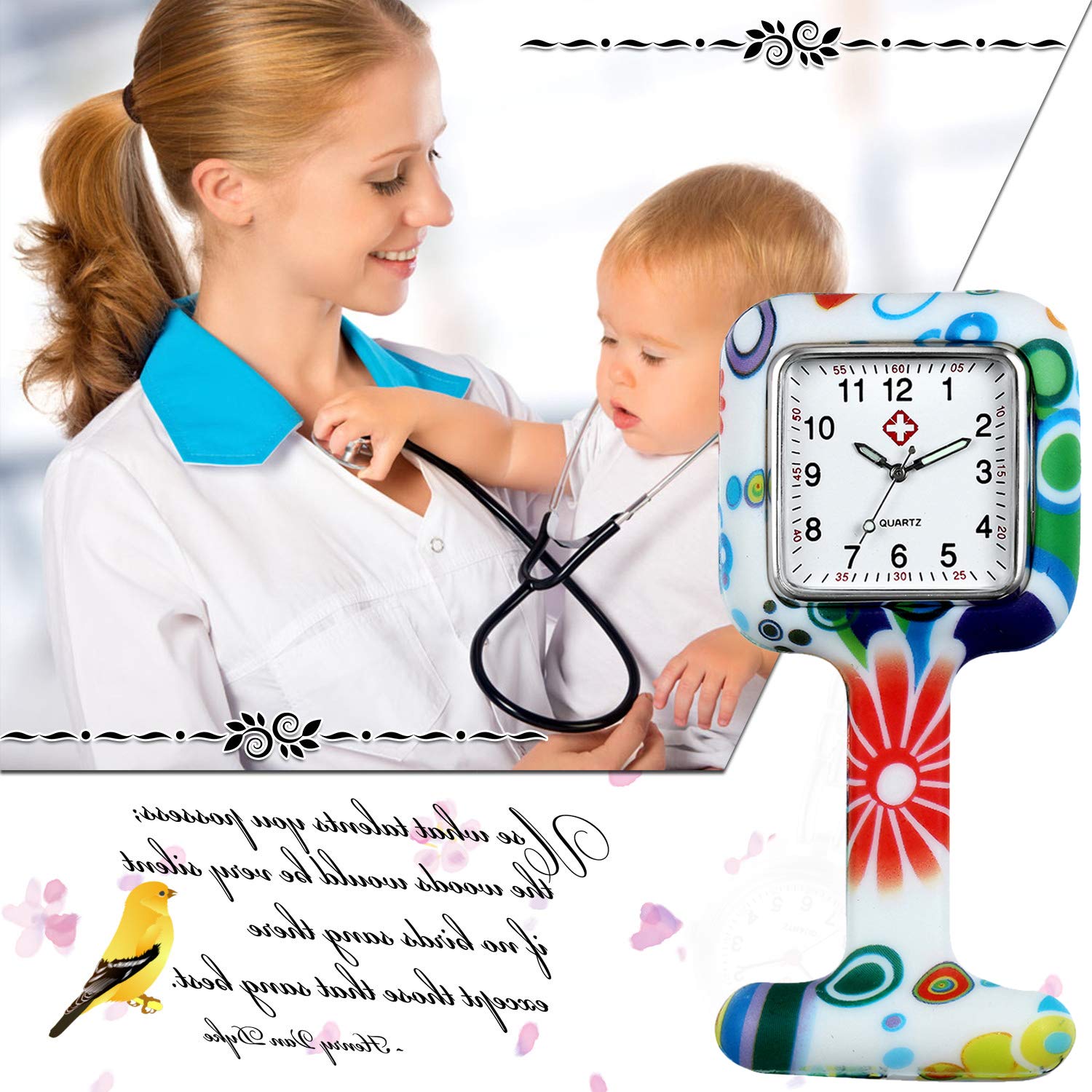 Nurse Watch for Women and Men Pin-on Brooch Lapel Hanging Badge Medical Doctors Square Silicone Quartz Fob Pocket Watch