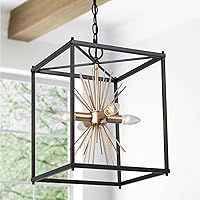 Modern Black and Gold Chandeliers, 4 Lights Square Hanging Pendant Light Fixture with Starburst Design for Dining Room, Kitchen, Bedroom, Foyer and Living Room
