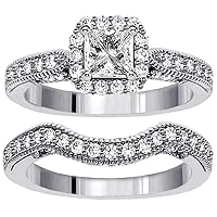 1.60 CT TW GIA Certified Halo Designer Princess Cut Diamond Engagement Bridal Set in 18k White Gold