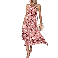 Women Polka Dot Dresses Casual Summer Sleeveless Halter Neck Ruffle Belt Boho Long Dress Pink