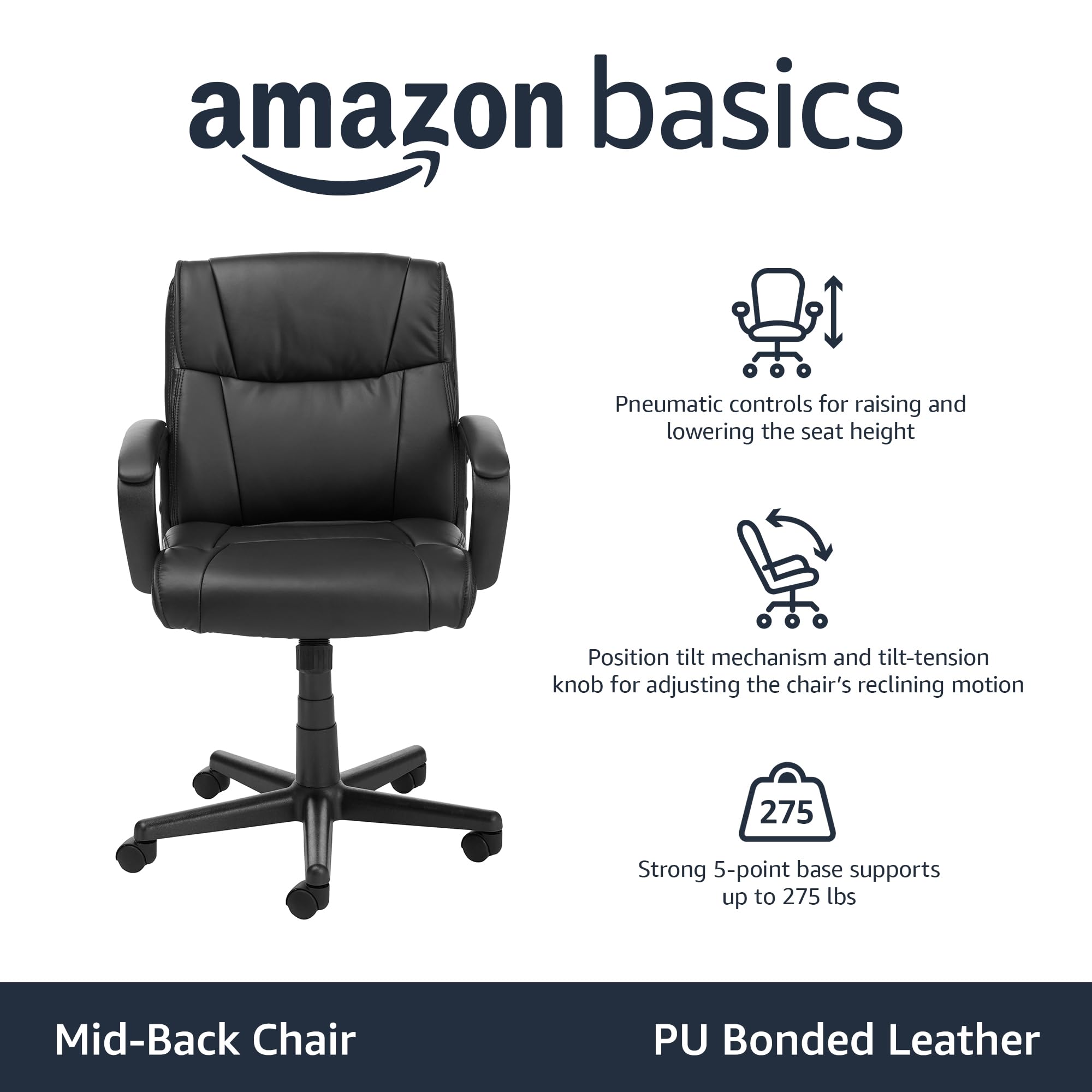 Basics Padded Office Desk Chair with Armrests, Adjustable  Height/Tilt, 360-Degree Swivel, 275 Pound Capacity, 24 x 24.2 x 34.8  Inches, Dark