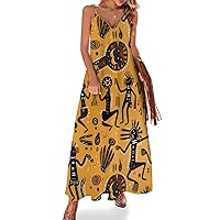 Kokopelli Native Tribal Art Women's Maxi Dress Casual V Neck Boho Sleeveless Beach Long Sundress Summer