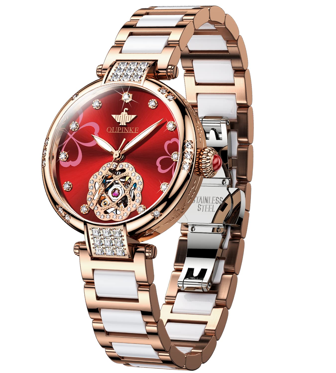 OUPINKE Watches for Women Mechanical Self Winding Dress Luxury Diamond Dial Rose Gold Ceramic Waterproof Luminous Ladies Wrist Watch Gift Set