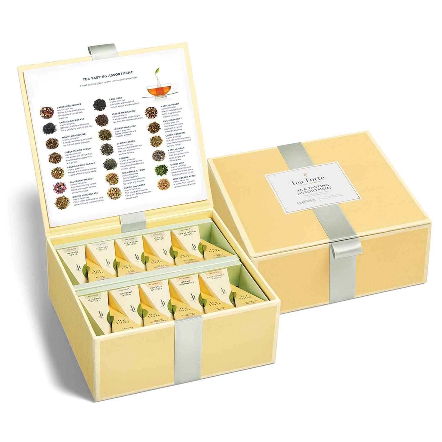 Tea Forte Organic Assorted Variety Tea Sampler, Tea Tasting Tea Chest Gift Box with 40 Handcrafted Pyramid Tea Infuser Bags, Black Tea, Herbal Tea,...