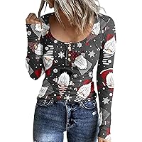 Women Christmas Henley Shirt Long Sleeve Button Ribbed T-Shirt Scoop Neck Casual Tops Cute Graphic Daily Clothes