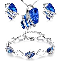 Wish Stone Necklace, Stud Earrings and Bracelet Jewelry Set for Women, September Birthstone Sapphire Blue Crystal Jewelry, Silver Tone Gifts for Women