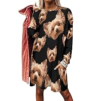 Yorkshire Terrier Cute Yorkie Dog Long Sleeves Sweatshirt Dress for Women Casual Loose Pullover Round-Neck Tunic with Pockets