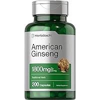 Horbaach American Ginseng Capsules | 1800 mg | 200 Count | Non-GMO, Gluten Free Supplement | Ginseng Root Extract Complex
