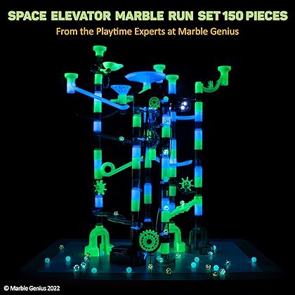 Marble Run Space Elevator with Glass Glow Marbles; Explore The Outer Space, 150 pcs - Illuminated by Glow in The Dark Marbles, Navigate an Intricate Maze Track, and Compete in an Exciting Race Set
