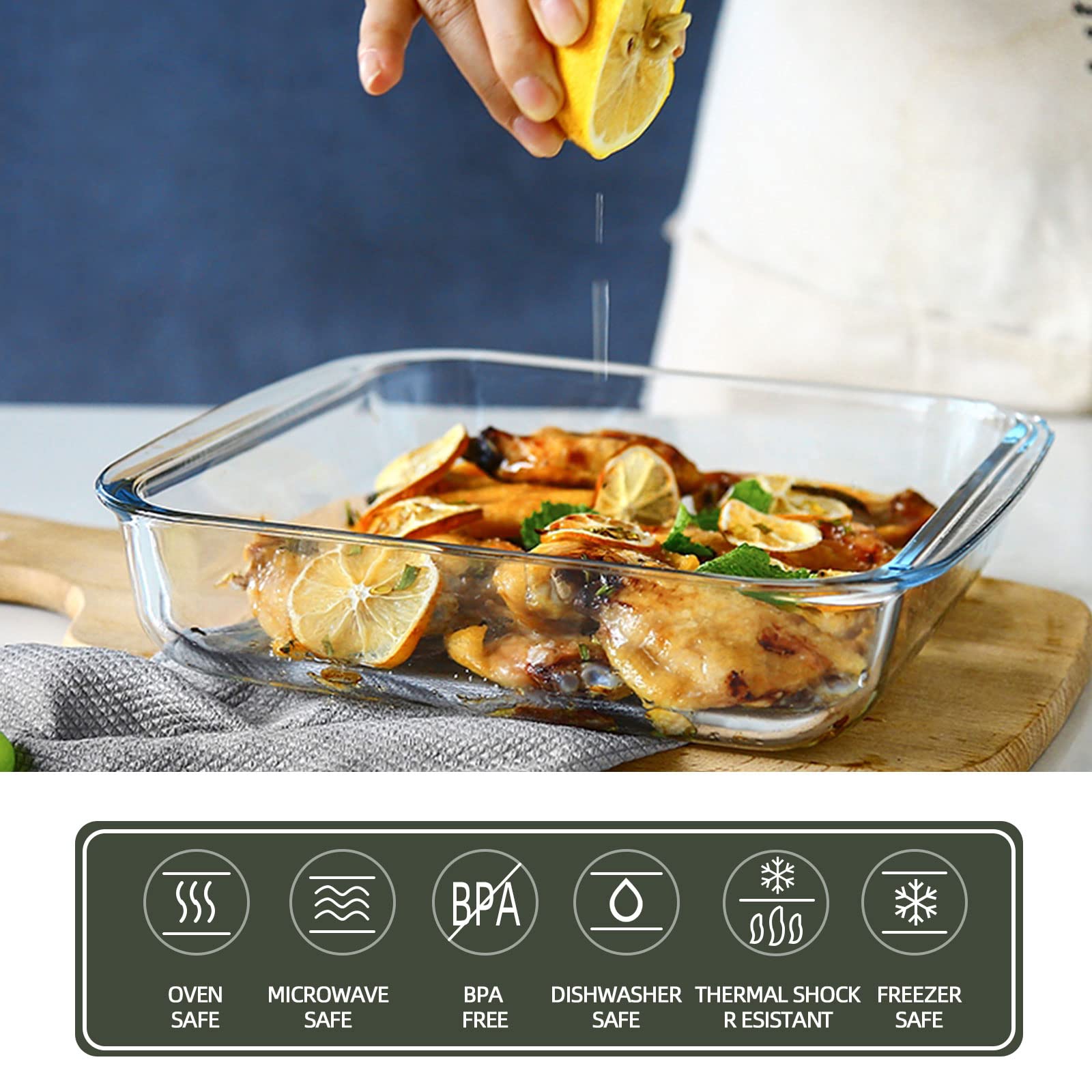 KOMUEE Rectangular Glass Baking Dish with Lids Set & Round Glass Food Storage Containers With Lids Set,Glass Bakeware Set with Lids for Lasagna, Leftovers, Cooking, Kitchen, Fridge-to-Oven,Gray